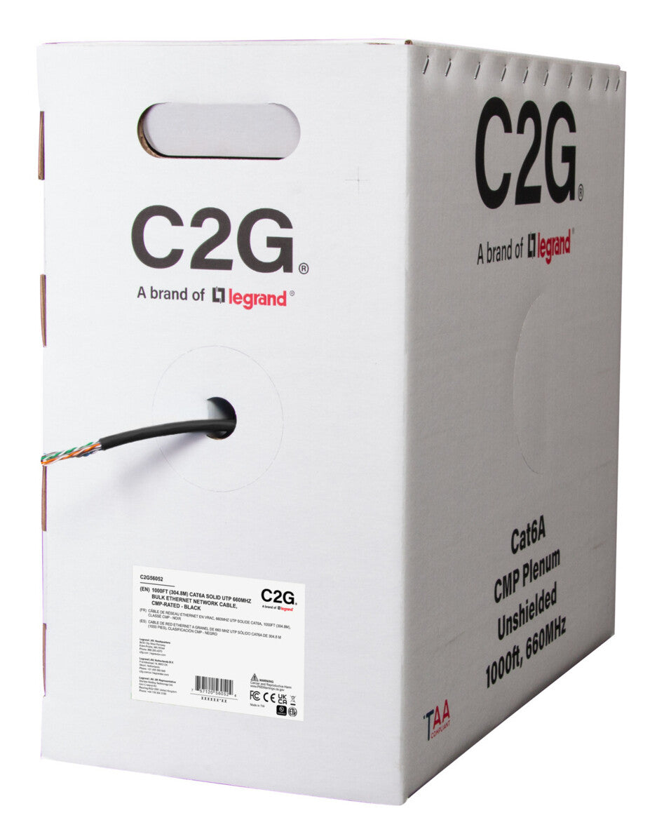 C2G 1000ft (304.8m) TAA-Compliant Cat6a Bulk Unshielded (UTP) Ethernet Network Cable with Solid Conductors-Plenum CMP-Rated - Blue