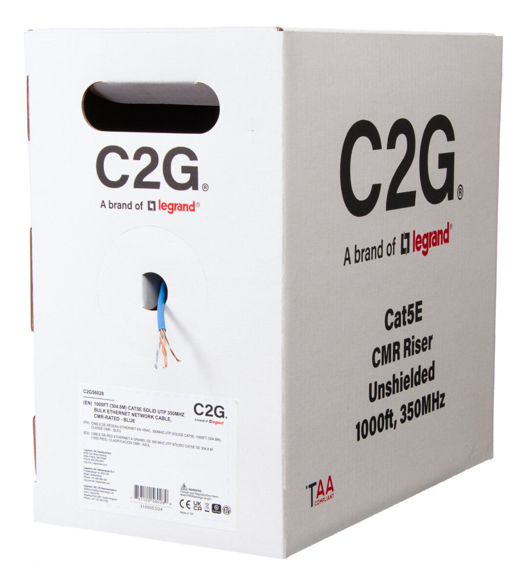 C2G 1000ft (304.8m) TAA-Compliant Cat5e Bulk Unshielded (UTP) Ethernet Network Cable with Solid Conductors-Riser CMR-Rated - Blue