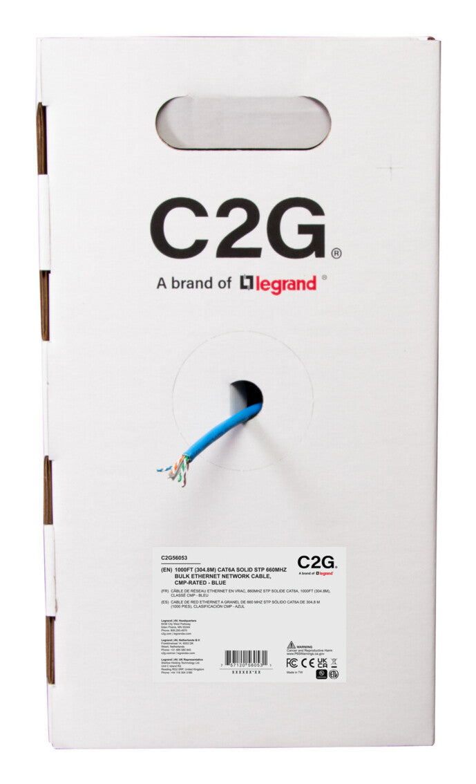C2G 1000ft (304.8m) TAA-Compliant Cat6a Bulk Shielded (STP) Ethernet Network Cable with Solid Conductors - Plenum CMP-Rated - Blue