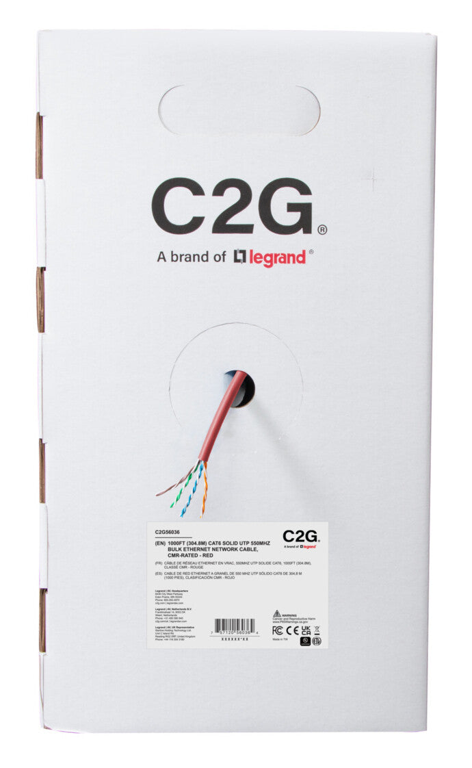 C2G 1000ft (304.8m) TAA-Compliant Cat6 Bulk Unshielded (UTP) Ethernet Network Cable with Solid Conductors-Riser CMR-Rated - Red