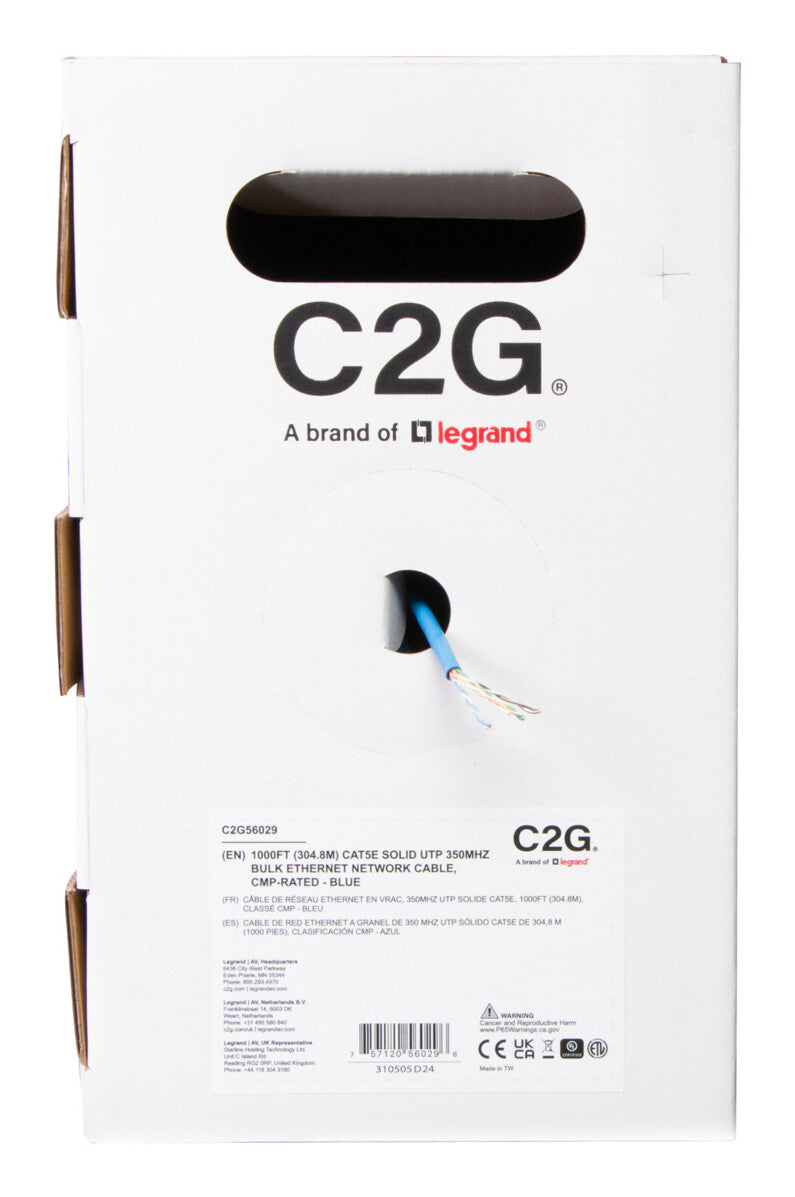 C2G 1000ft (304.8m) TAA-Compliant Cat5e Bulk Unshielded (UTP) Ethernet Network Cable with Solid Conductors-Plenum CMP-Rated - Blue