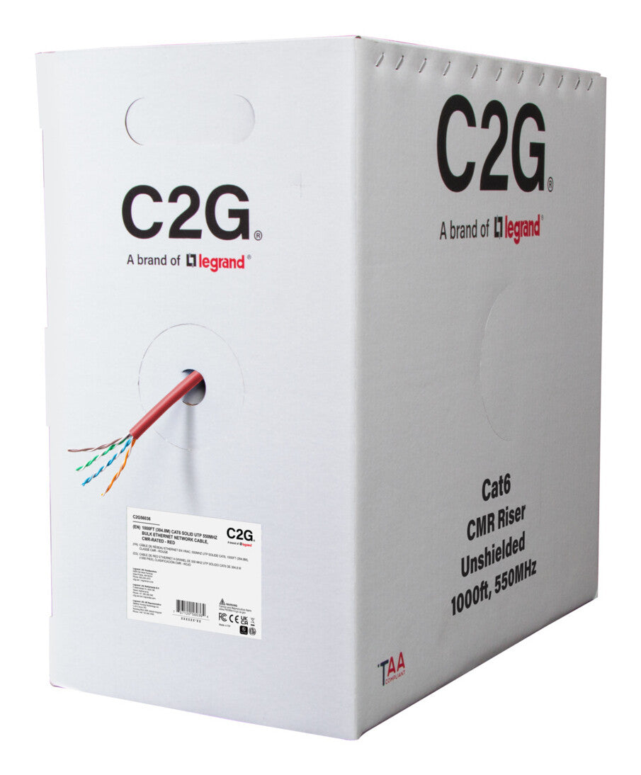 C2G 1000ft (304.8m) TAA-Compliant Cat6 Bulk Unshielded (UTP) Ethernet Network Cable with Solid Conductors-Riser CMR-Rated - Red