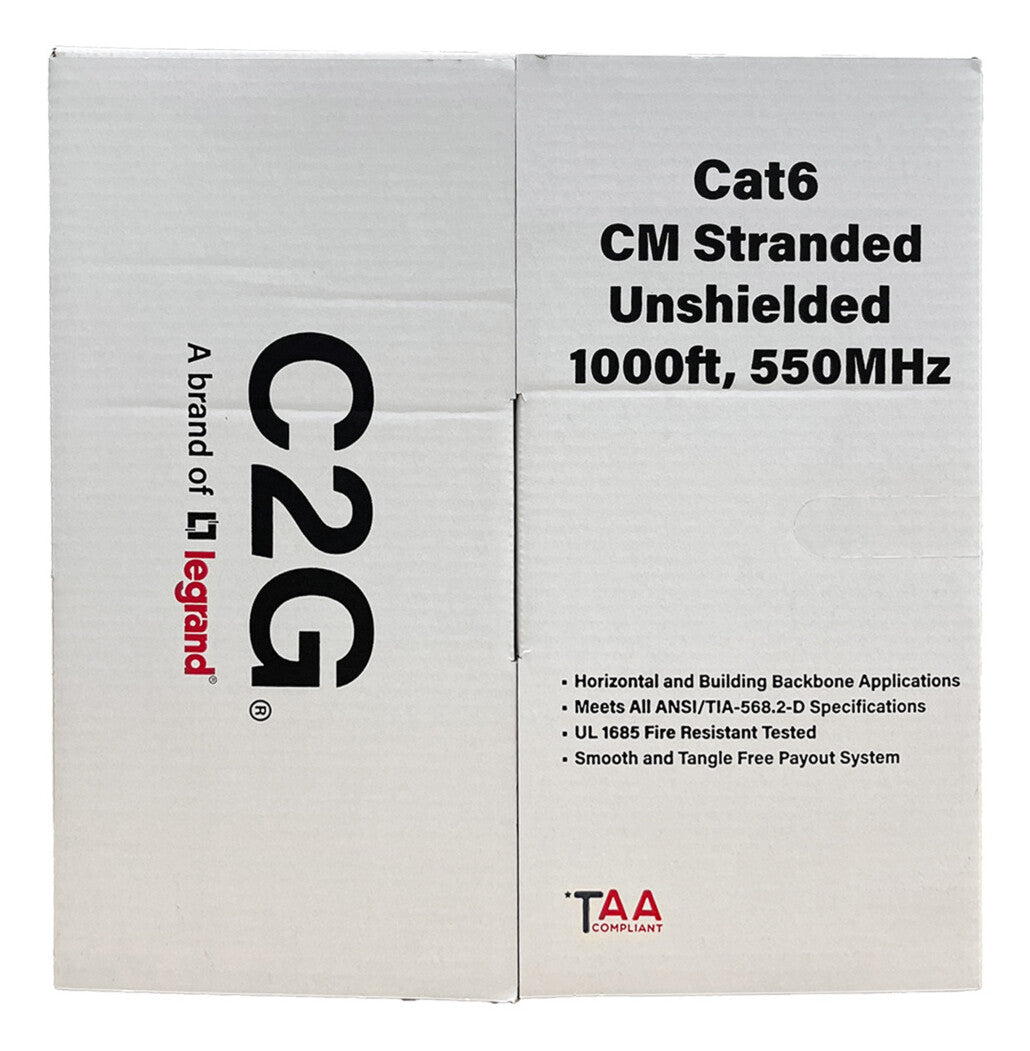 C2G 1000ft (304.8m) TAA-Compliant Cat6 Bulk Unshielded (UTP) Ethernet Network Cable with Stranded Conductors In-Wall CM-Rated - Blue