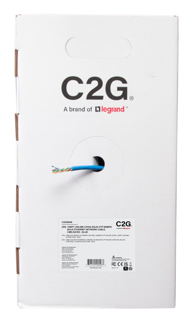 C2G 1000ft (304.8m) TAA-Compliant Cat6a Bulk Unshielded (UTP) Ethernet Network Cable with Solid Conductors-Riser CMR-Rated - Blue