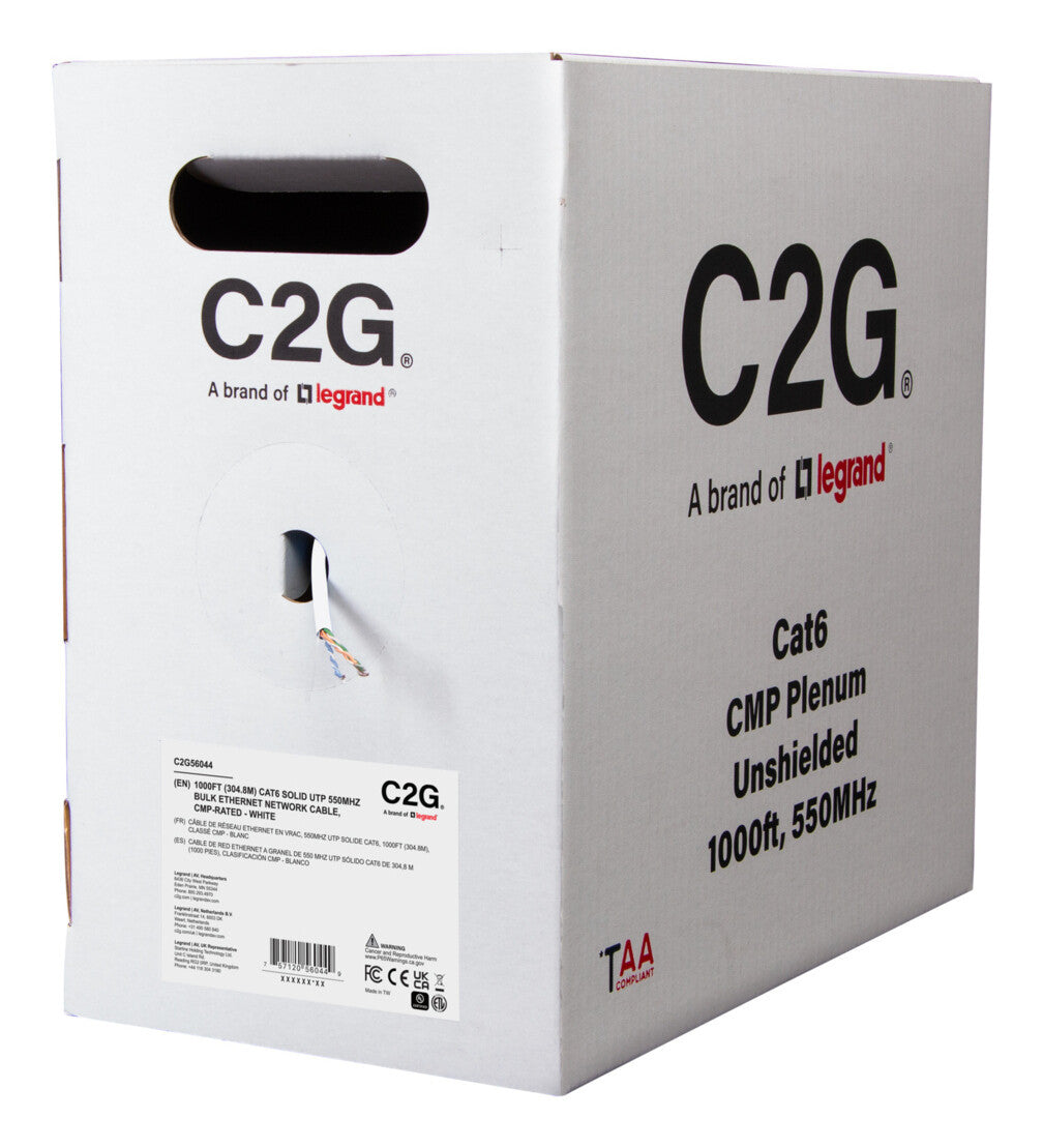 C2G 1000ft (304.8m) TAA-Compliant Cat6 Bulk Unshielded (UTP) Ethernet Network Cable with Solid Conductors-Plenum CMP-Rated - White