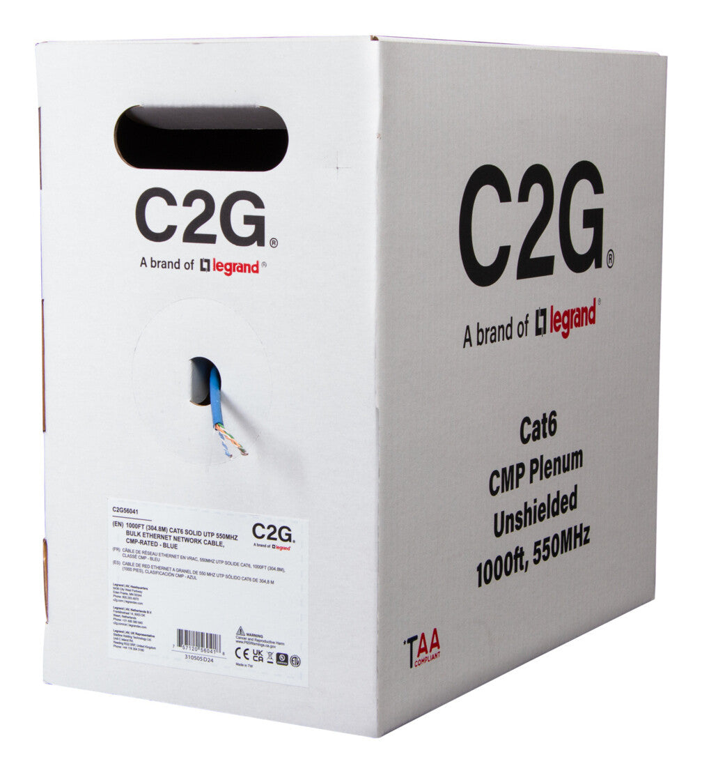 C2G 1000ft (304.8m) TAA-Compliant Cat6 Bulk Unshielded (UTP) Ethernet Network Cable with Solid Conductors-Plenum CMP-Rated - Blue
