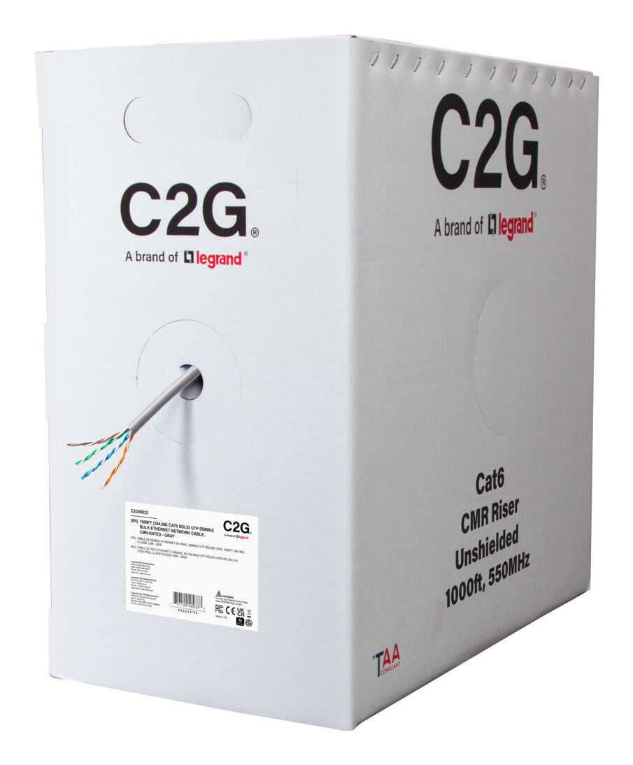 C2G 1000ft (304.8m) TAA-Compliant Cat6 Bulk Unshielded (UTP) Ethernet Network Cable with Solid Conductors-Riser CMR-Rated - Gray