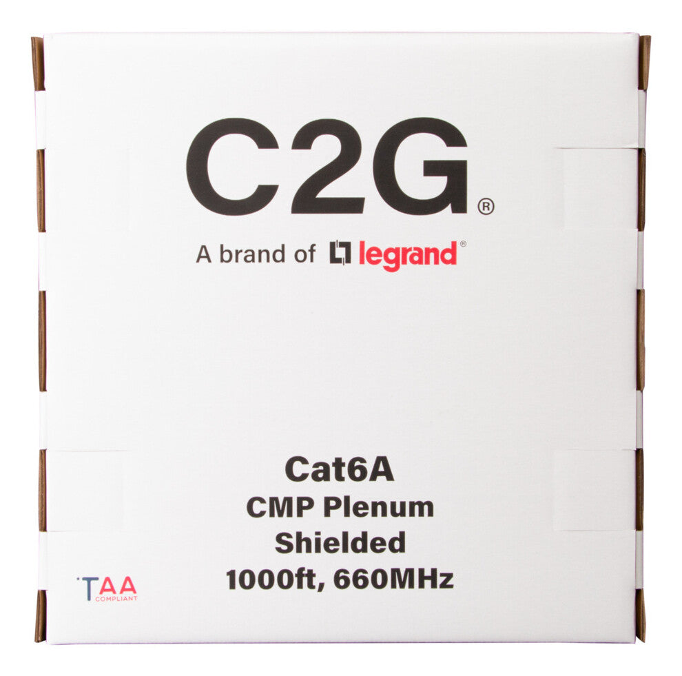 C2G 1000ft (304.8m) TAA-Compliant Cat6a Bulk Shielded (STP) Ethernet Network Cable with Solid Conductors - Plenum CMP-Rated - Blue