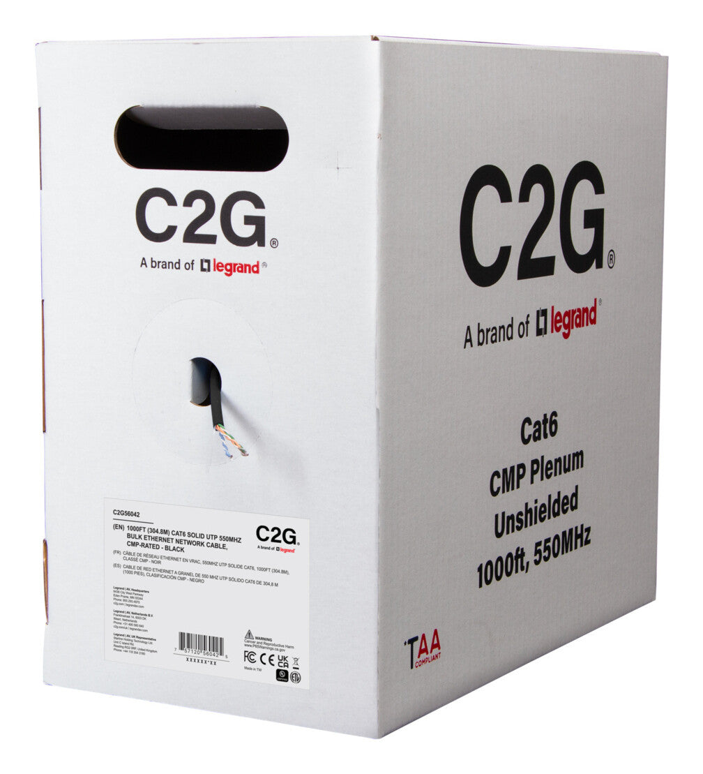 C2G 1000ft (304.8m) TAA-Compliant Cat6 Bulk Unshielded (UTP) Ethernet Network Cable with Solid Conductors-Plenum CMP-Rated - Black