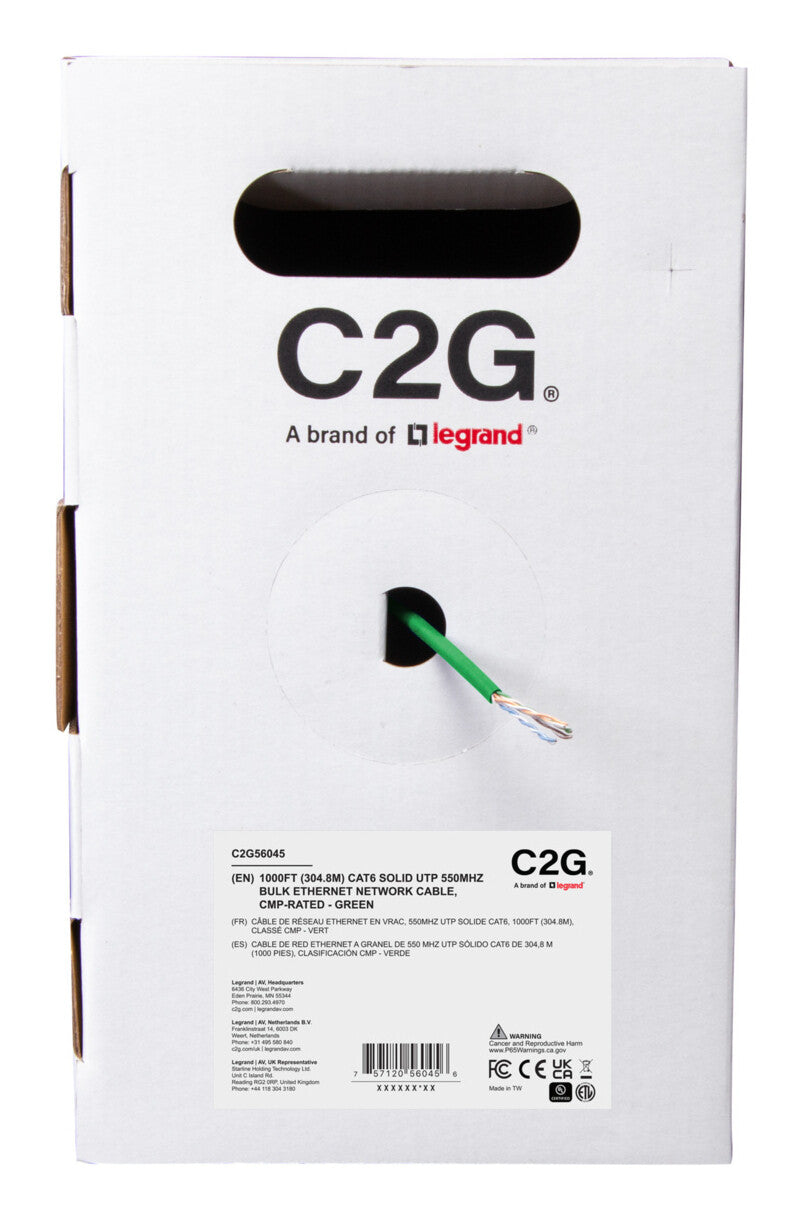 C2G 1000ft (304.8m) TAA-Compliant Cat6 Bulk Unshielded (UTP) Ethernet Network Cable with Solid Conductors-Plenum CMP-Rated - Green