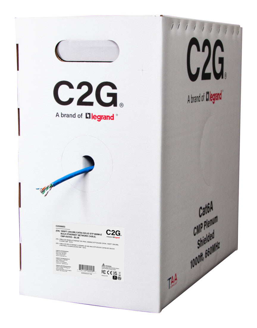C2G 1000ft (304.8m) TAA-Compliant Cat6a Bulk Shielded (STP) Ethernet Network Cable with Solid Conductors - Plenum CMP-Rated - Blue
