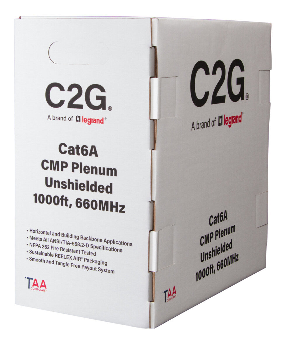 C2G 1000ft (304.8m) TAA-Compliant Cat6a Bulk Unshielded (UTP) Ethernet Network Cable with Solid Conductors-Plenum CMP-Rated - Blue