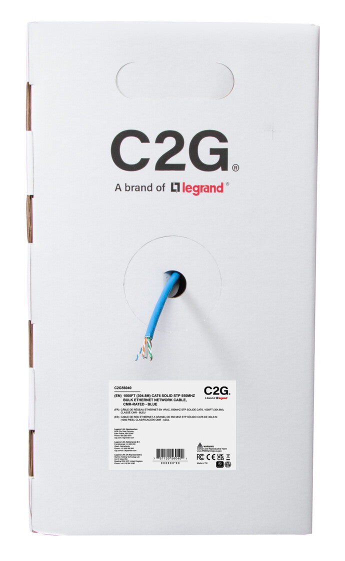 C2G 1000ft (304.8m) TAA-Compliant Cat6 Bulk Foil Shield (F/UTP) Ethernet Network Cable with Solid Conductors-Riser CMR -Rated - Blue