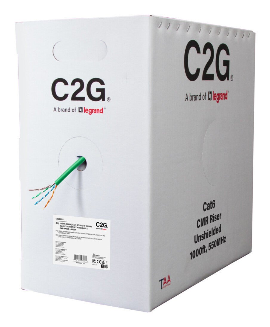 C2G 1000ft (304.8m) TAA-Compliant Cat6 Bulk Unshielded (UTP) Ethernet Network Cable with Solid Conductors-Riser CMR-Rated - Green