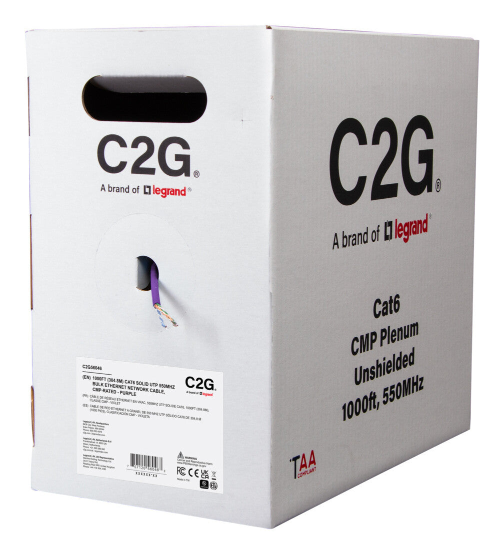 C2G 1000ft (304.8m) TAA-Compliant Cat6 Bulk Unshielded (UTP) Ethernet Network Cable with Solid Conductors-Plenum CMP-Rated - Purple