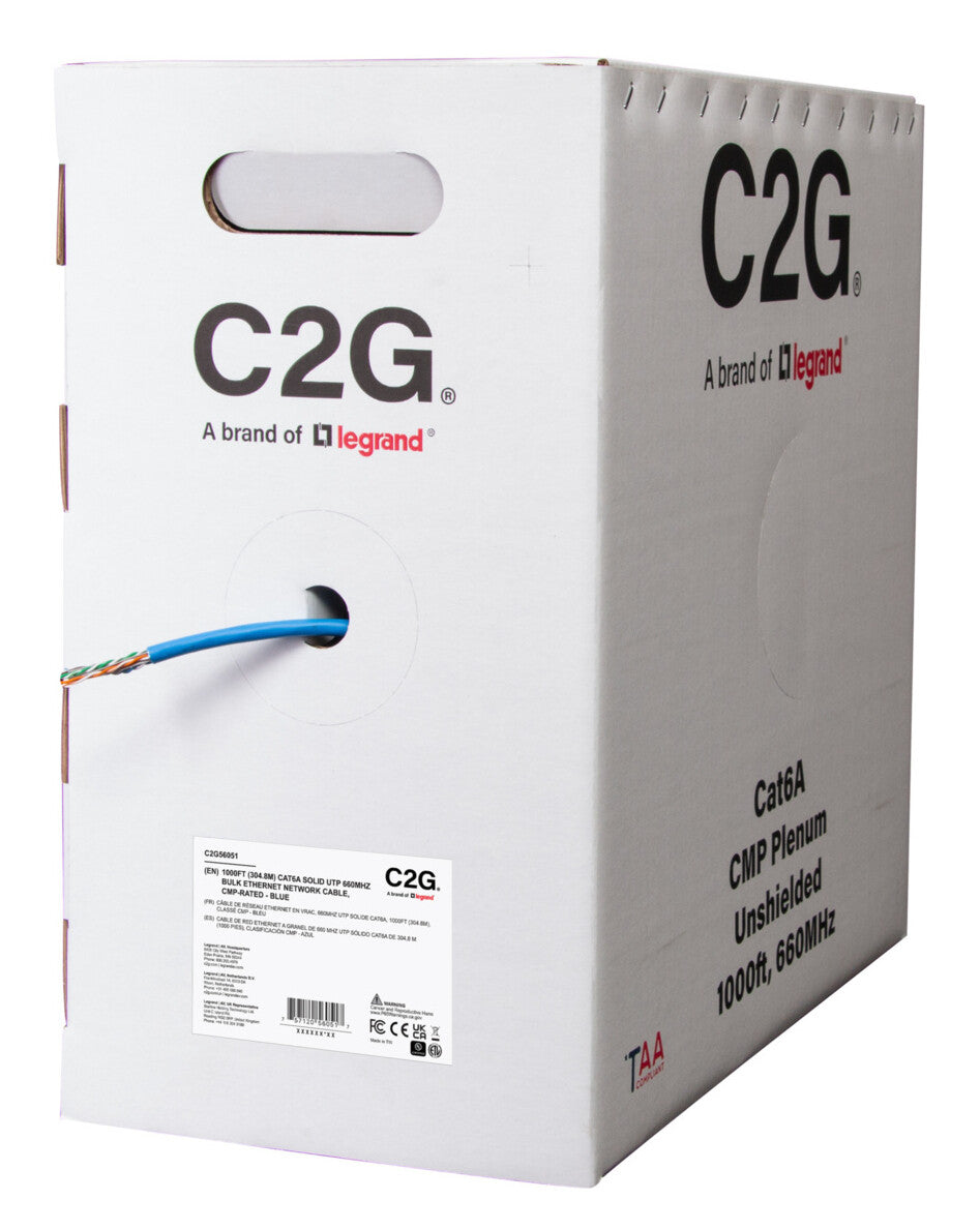 C2G 1000ft (304.8m) TAA-Compliant Cat6a Bulk Unshielded (UTP) Ethernet Network Cable with Solid Conductors-Plenum CMP-Rated - Blue