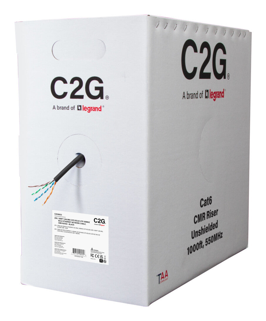 C2G 1000ft (304.8m) TAA-Compliant Cat6 Bulk Unshielded (UTP) Ethernet Network Cable with Solid Conductors-Riser CMR-Rated - Black