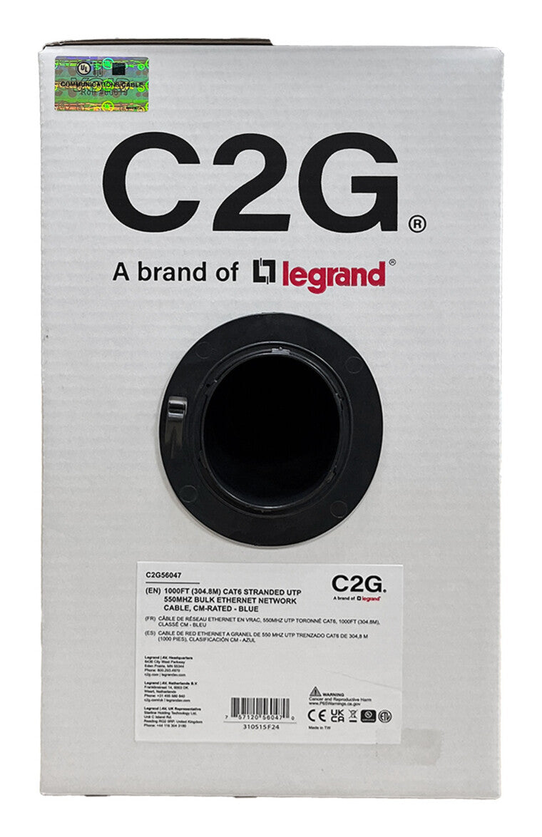 C2G 1000ft (304.8m) TAA-Compliant Cat6 Bulk Unshielded (UTP) Ethernet Network Cable with Stranded Conductors In-Wall CM-Rated - Blue