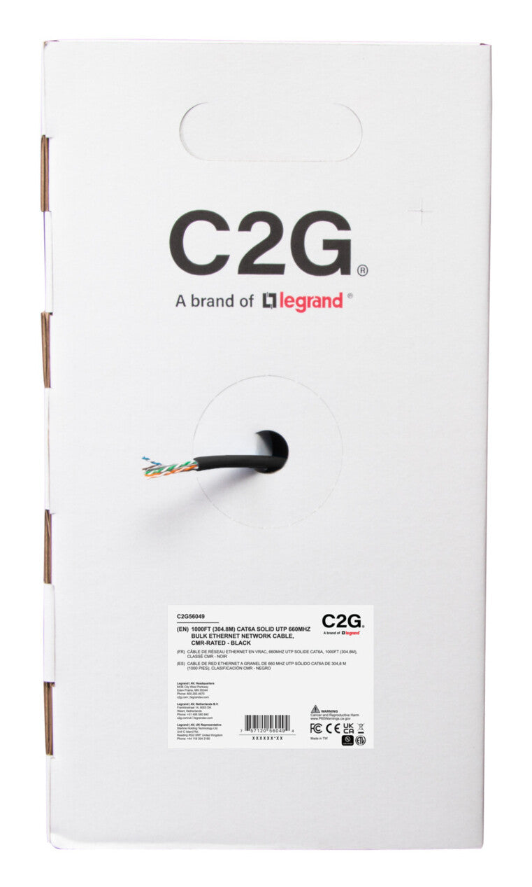 C2G 1000ft (304.8m) TAA-Compliant Cat6a Bulk Unshielded (UTP) Ethernet Network Cable with Solid Conductors-Riser CMR-Rated - Black