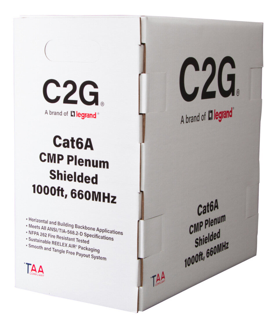 C2G 1000ft (304.8m) TAA-Compliant Cat6a Bulk Shielded (STP) Ethernet Network Cable with Solid Conductors - Plenum CMP-Rated - Blue