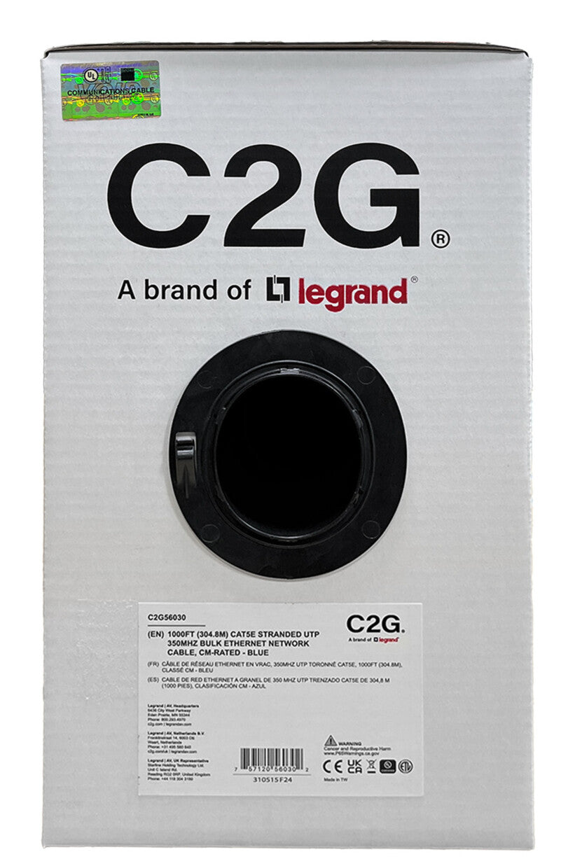 C2G 1000ft (304.8m) TAA-Compliant Cat5e Bulk Unshielded (UTP) Ethernet Network Cable with Stranded Conductors In-Wall CM-Rated - Blue