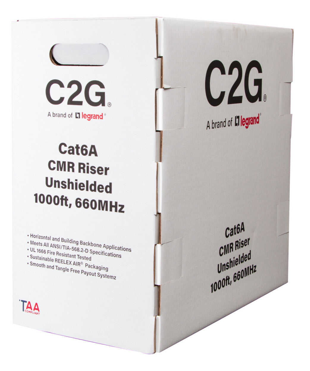 C2G 1000ft (304.8m) TAA-Compliant Cat6a Bulk Unshielded (UTP) Ethernet Network Cable with Solid Conductors-Riser CMR-Rated - Black