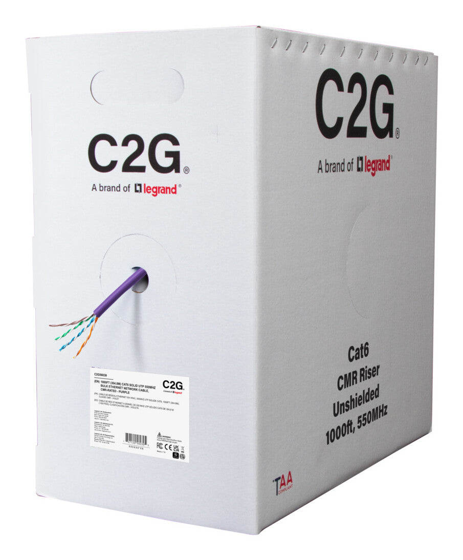 C2G 1000ft (304.8m) TAA-Compliant Cat6 Bulk Unshielded (UTP) Ethernet Network Cable with Solid Conductors-Riser CMR-Rated - Purple
