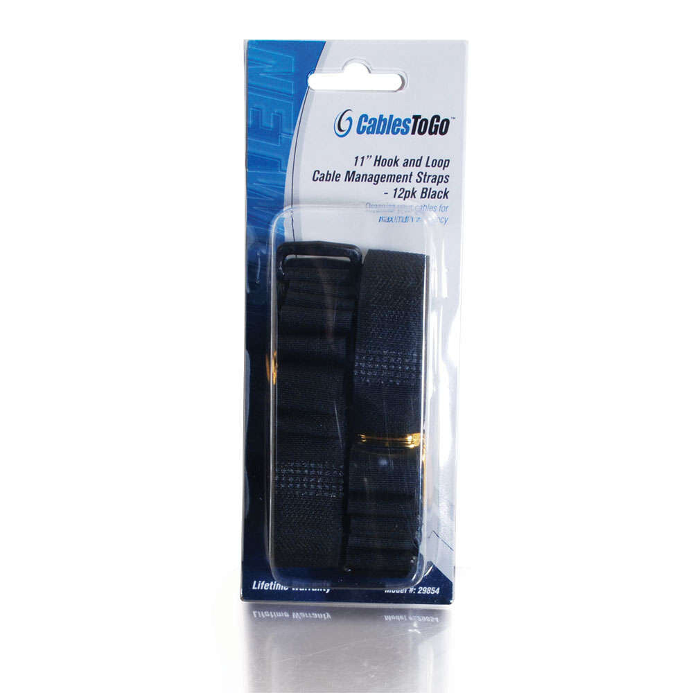 C2G 11in Hook / Loop Cable Management Straps - 12pk Black cable tie Nylon