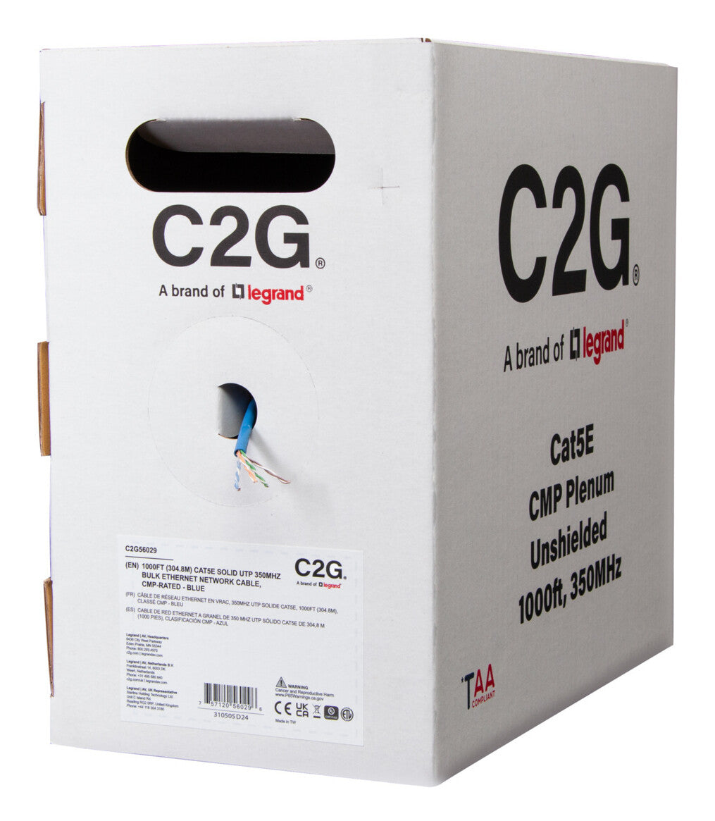 C2G 1000ft (304.8m) TAA-Compliant Cat5e Bulk Unshielded (UTP) Ethernet Network Cable with Solid Conductors-Plenum CMP-Rated - Blue