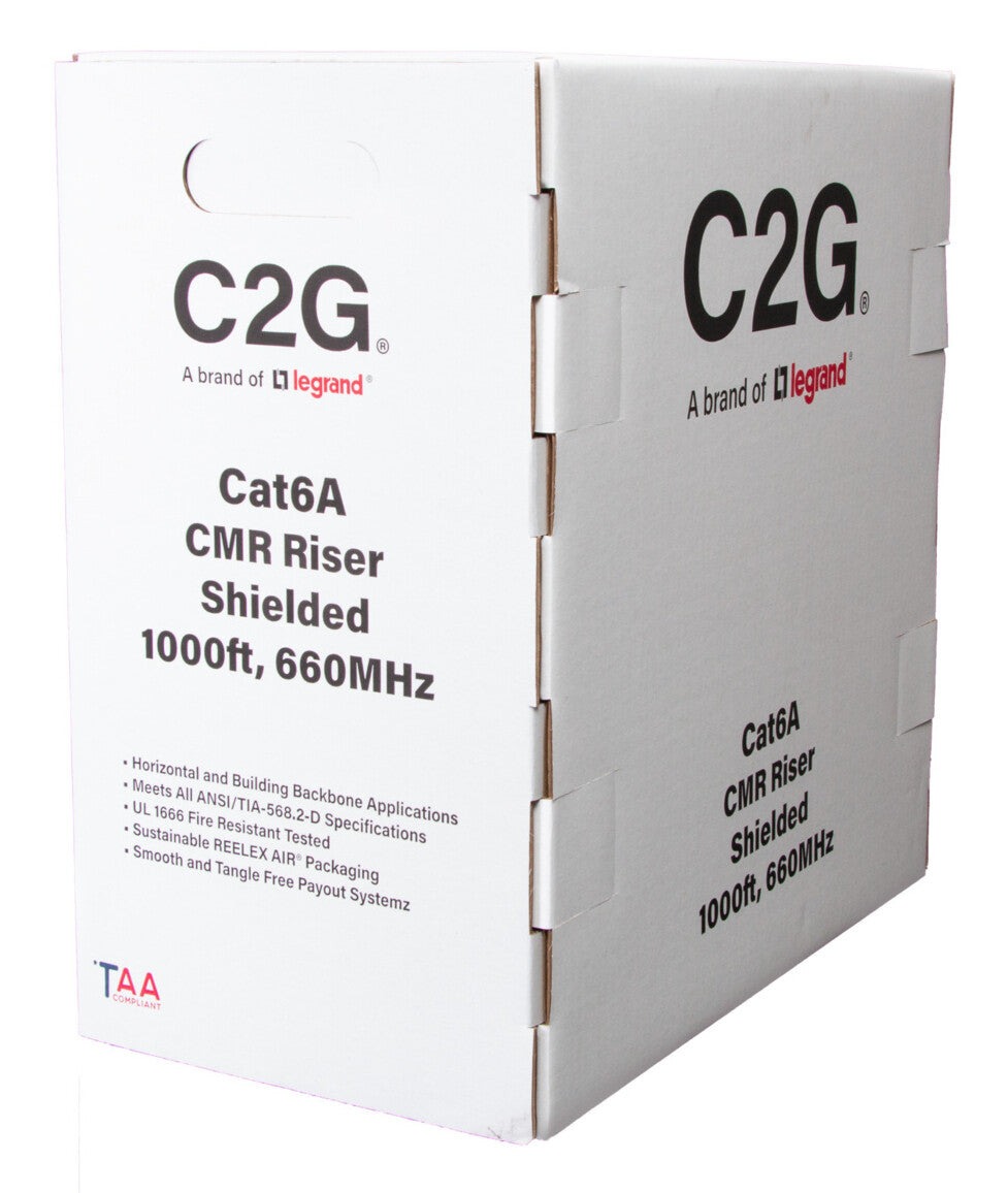 C2G 1000ft (304.8m) TAA-Compliant Cat6a Bulk Foil Shield (F/UTP) Ethernet Network Cable with Solid Conductors-Riser CMR-Rated - Blue