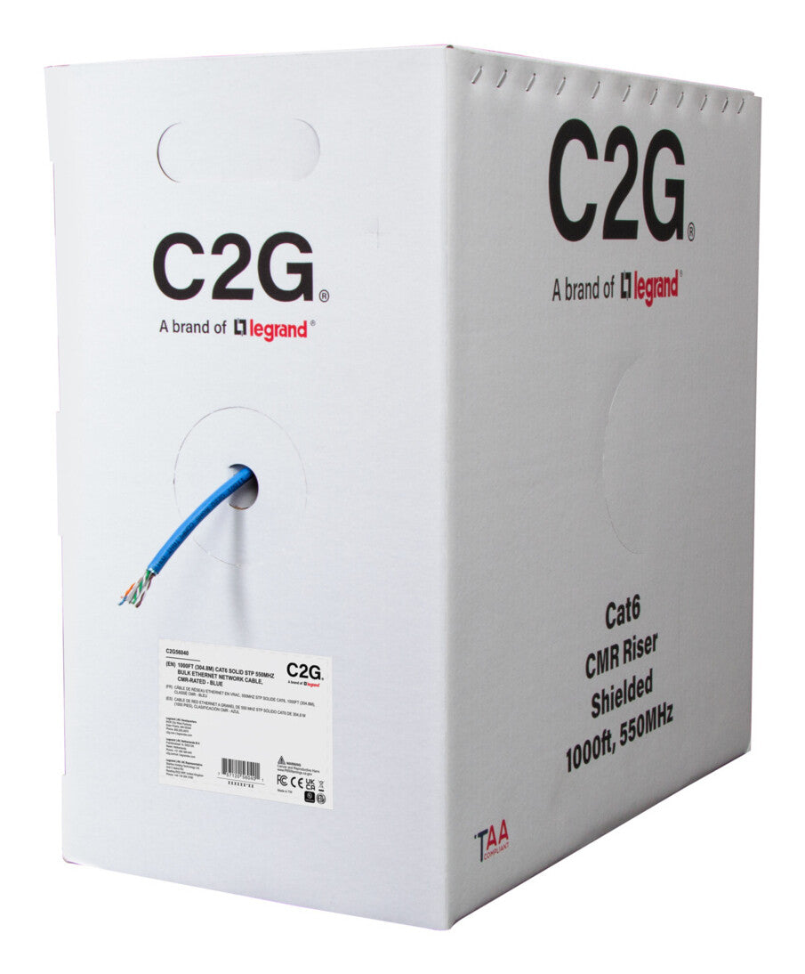 C2G 1000ft (304.8m) TAA-Compliant Cat6 Bulk Foil Shield (F/UTP) Ethernet Network Cable with Solid Conductors-Riser CMR -Rated - Blue