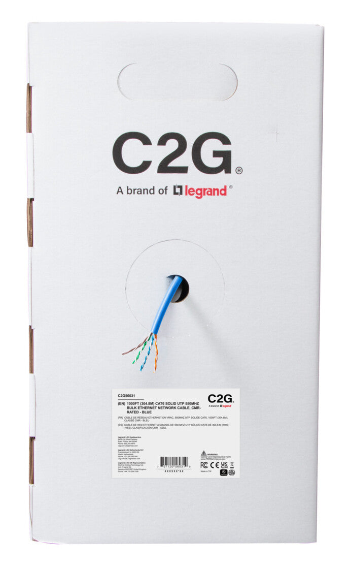 C2G 1000ft (304.8m) TAA-Compliant Cat6 Bulk Unshielded (UTP) Ethernet Network Cable with Solid Conductors-Riser CMR-Rated - Blue
