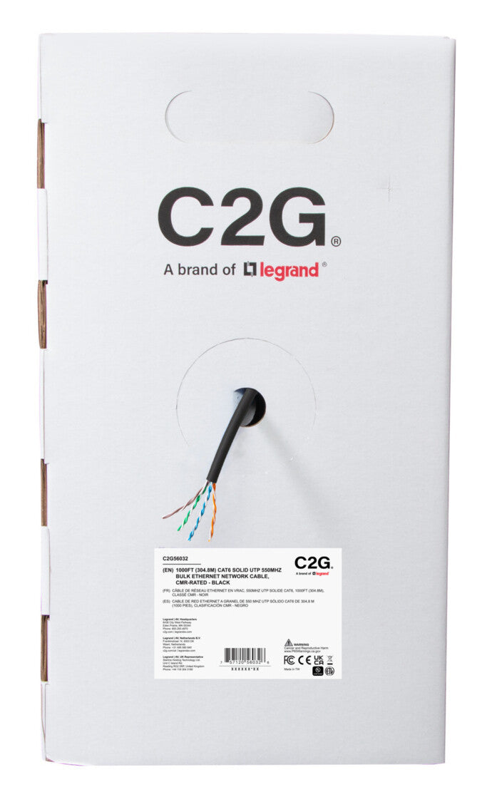 C2G 1000ft (304.8m) TAA-Compliant Cat6 Bulk Unshielded (UTP) Ethernet Network Cable with Solid Conductors-Riser CMR-Rated - Black