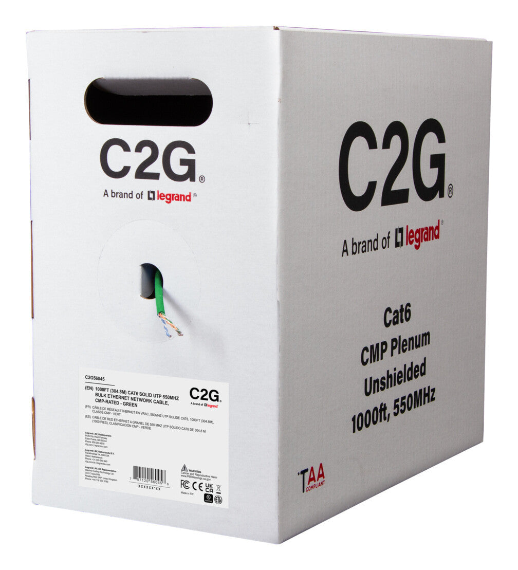 C2G 1000ft (304.8m) TAA-Compliant Cat6 Bulk Unshielded (UTP) Ethernet Network Cable with Solid Conductors-Plenum CMP-Rated - Green