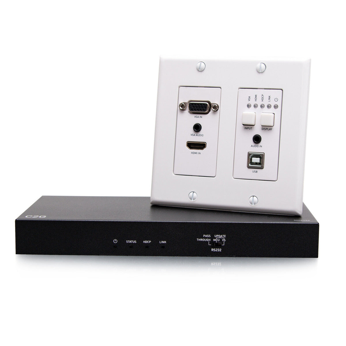 C2G HDMI® HDBaseT + VGA, 3.5mm, and USB-B to A over Cat Extender Wall Plate Transmitter to Box Receiver - 4K 60Hz