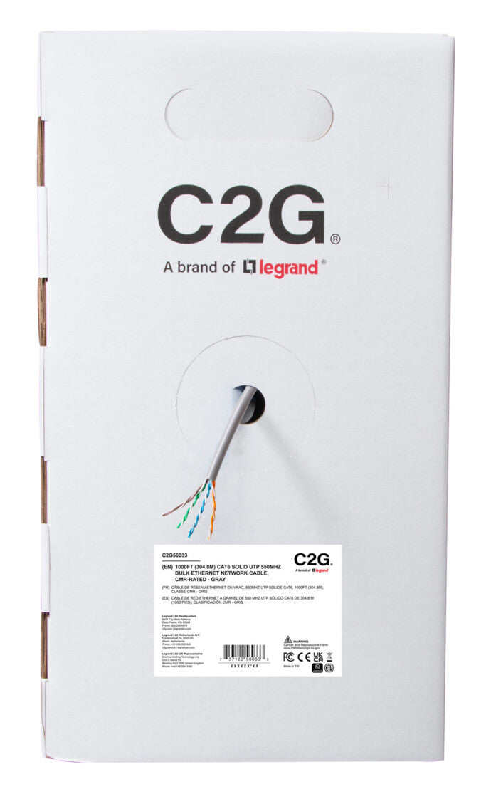 C2G 1000ft (304.8m) TAA-Compliant Cat6 Bulk Unshielded (UTP) Ethernet Network Cable with Solid Conductors-Riser CMR-Rated - Gray