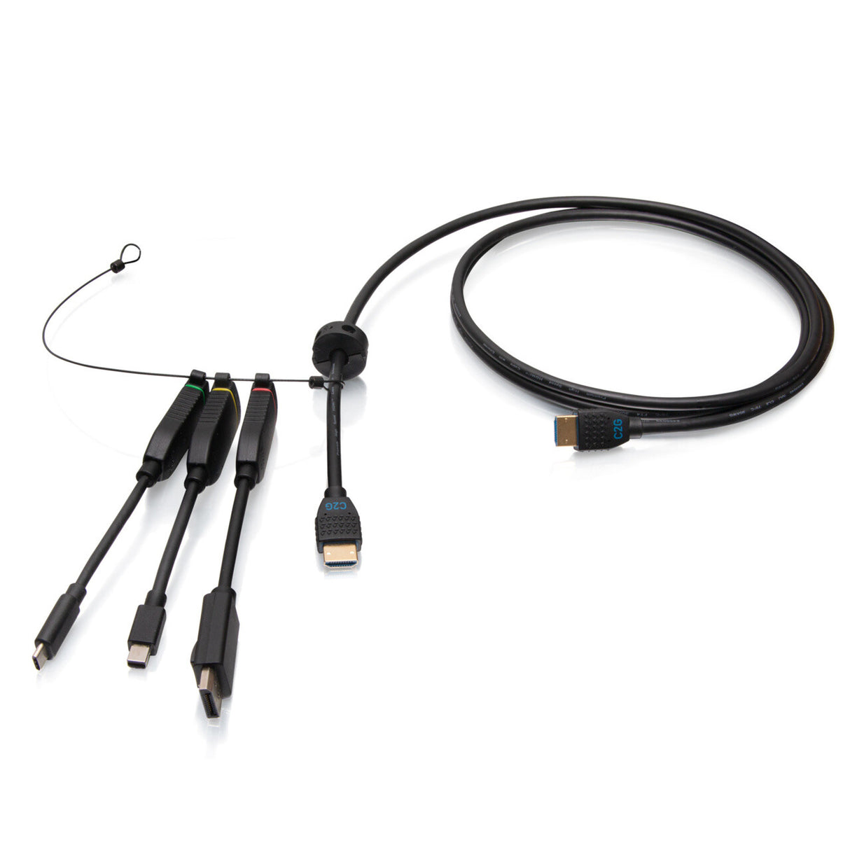 C2G 6ft (4.5m) 4K HDMI® Premium Cable and Universal Dongle Adapter Ring with Color Coded Mini DisplayPortTM, DisplayPort, and USB-C® (without Pull Tab)