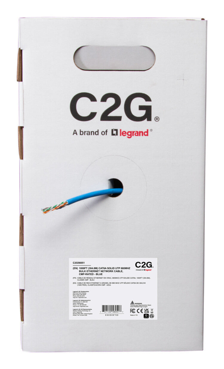 C2G 1000ft (304.8m) TAA-Compliant Cat6a Bulk Unshielded (UTP) Ethernet Network Cable with Solid Conductors-Plenum CMP-Rated - Blue