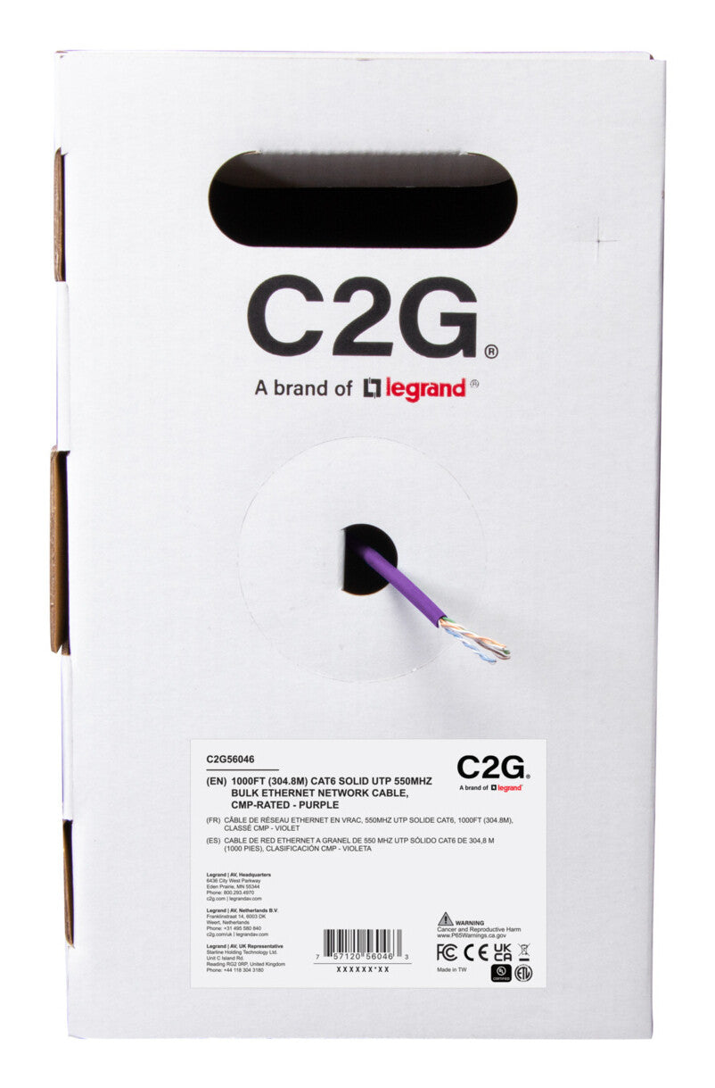 C2G 1000ft (304.8m) TAA-Compliant Cat6 Bulk Unshielded (UTP) Ethernet Network Cable with Solid Conductors-Plenum CMP-Rated - Purple
