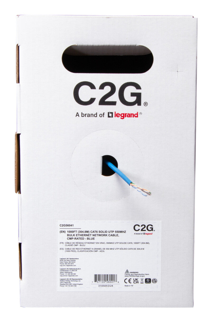 C2G 1000ft (304.8m) TAA-Compliant Cat6 Bulk Unshielded (UTP) Ethernet Network Cable with Solid Conductors-Plenum CMP-Rated - Blue