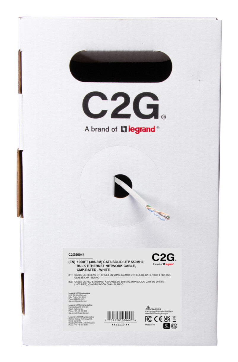 C2G 1000ft (304.8m) TAA-Compliant Cat6 Bulk Unshielded (UTP) Ethernet Network Cable with Solid Conductors-Plenum CMP-Rated - White