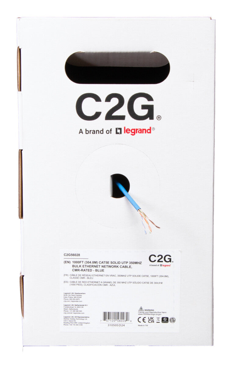 C2G 1000ft (304.8m) TAA-Compliant Cat5e Bulk Unshielded (UTP) Ethernet Network Cable with Solid Conductors-Riser CMR-Rated - Blue