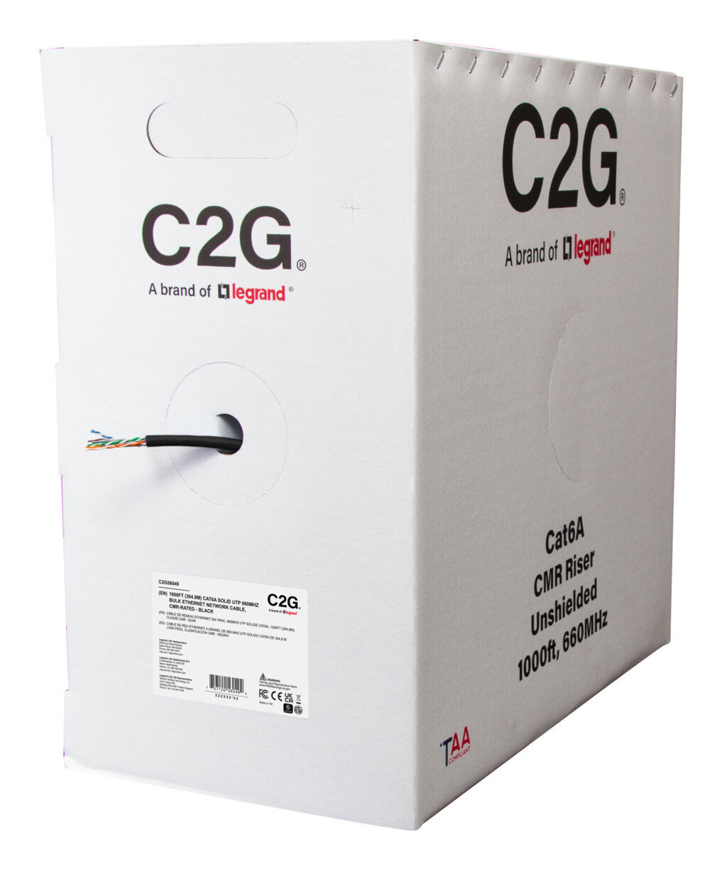 C2G 1000ft (304.8m) TAA-Compliant Cat6a Bulk Unshielded (UTP) Ethernet Network Cable with Solid Conductors-Riser CMR-Rated - Black