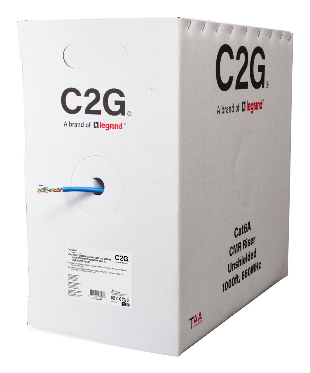 C2G 1000ft (304.8m) TAA-Compliant Cat6a Bulk Unshielded (UTP) Ethernet Network Cable with Solid Conductors-Riser CMR-Rated - Blue