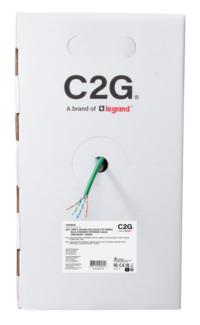C2G 1000ft (304.8m) TAA-Compliant Cat6 Bulk Unshielded (UTP) Ethernet Network Cable with Solid Conductors-Riser CMR-Rated - Green