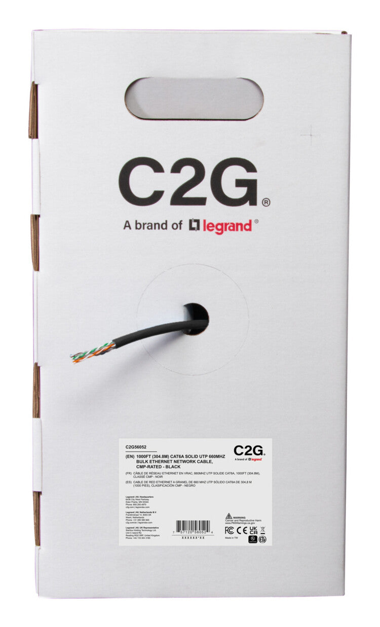 C2G 1000ft (304.8m) TAA-Compliant Cat6a Bulk Unshielded (UTP) Ethernet Network Cable with Solid Conductors-Plenum CMP-Rated - Blue