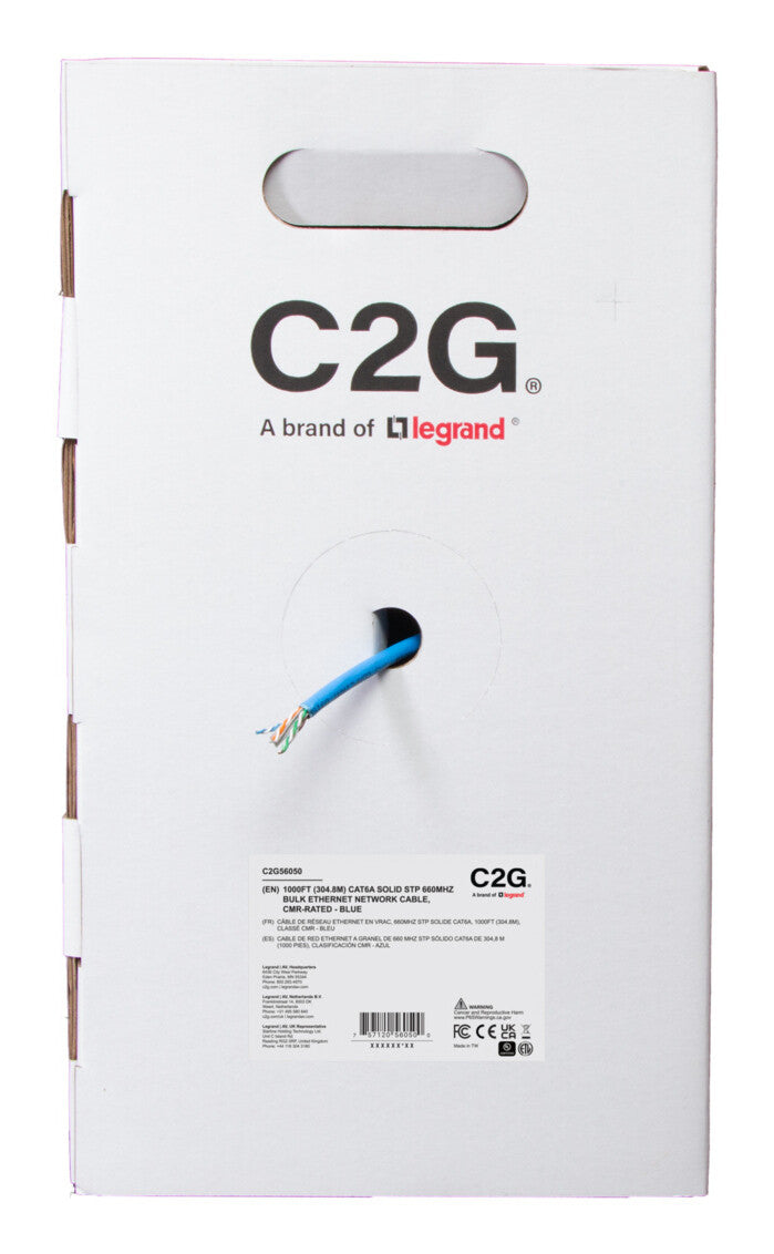 C2G 1000ft (304.8m) TAA-Compliant Cat6a Bulk Foil Shield (F/UTP) Ethernet Network Cable with Solid Conductors-Riser CMR-Rated - Blue