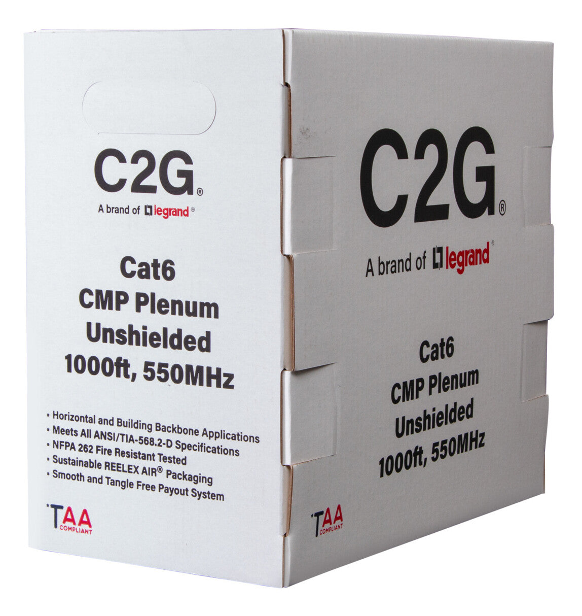 C2G 1000ft (304.8m) TAA-Compliant Cat6 Bulk Unshielded (UTP) Ethernet Network Cable with Solid Conductors-Plenum CMP-Rated - White