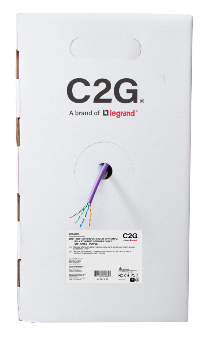 C2G 1000ft (304.8m) TAA-Compliant Cat6 Bulk Unshielded (UTP) Ethernet Network Cable with Solid Conductors-Riser CMR-Rated - Purple