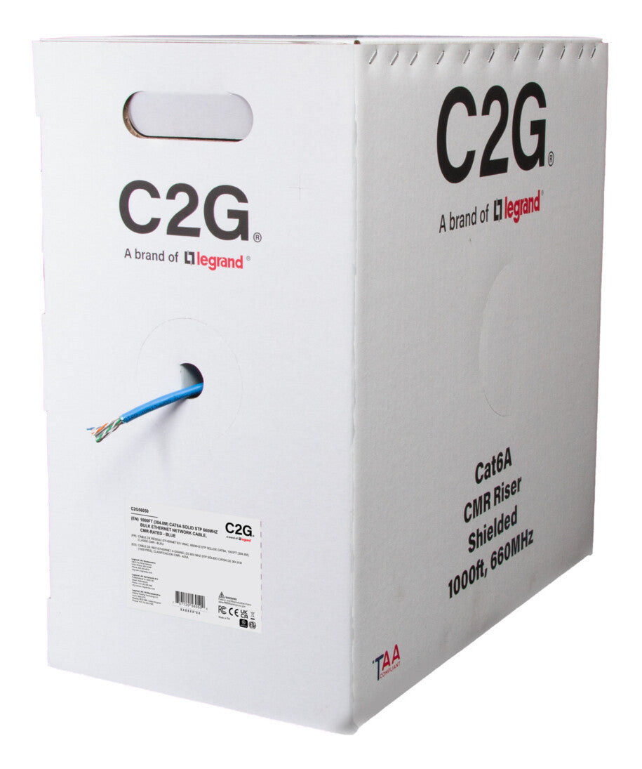 C2G 1000ft (304.8m) TAA-Compliant Cat6a Bulk Foil Shield (F/UTP) Ethernet Network Cable with Solid Conductors-Riser CMR-Rated - Blue